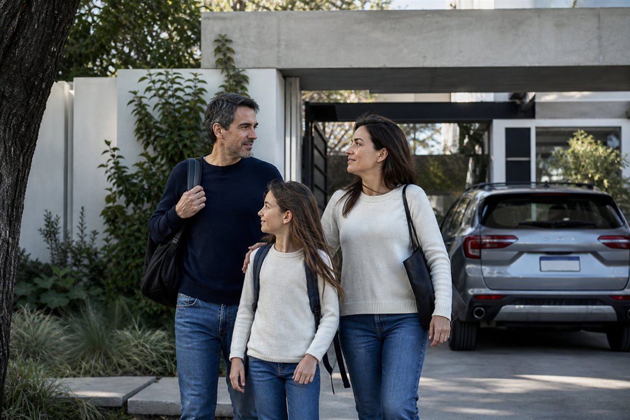 Familia argentina frente a su hogar y vehículo